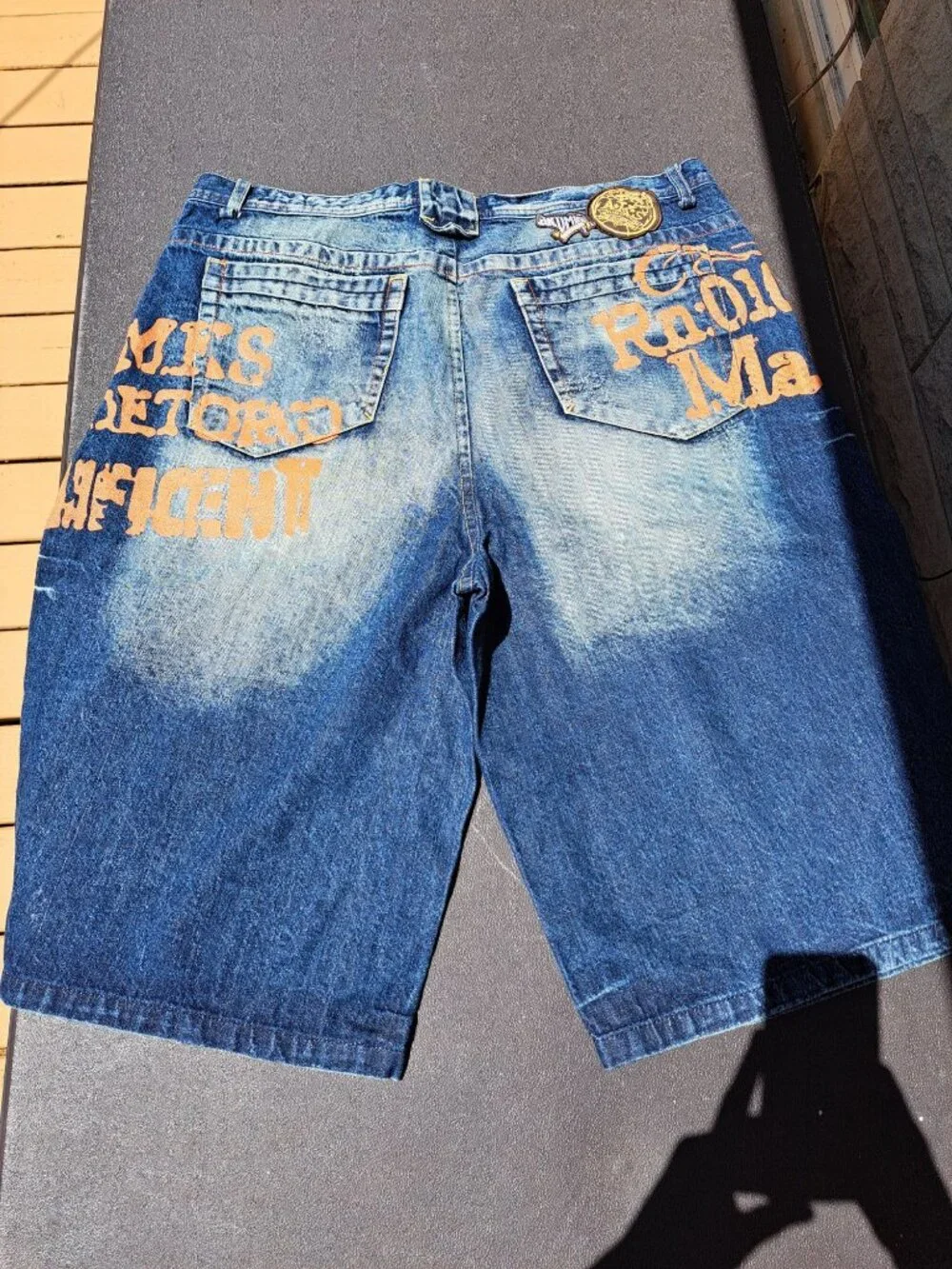 Vintage Akademiks Size 42 Mens Baggy Denim Shorts Orange Graphics Streetwear